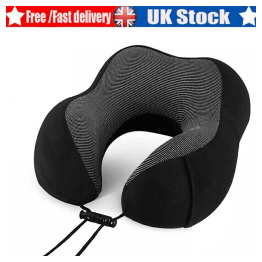 Memory Foam Travel Pillow – Neck Support Cushion with Adjustable Drawstring (Black/Grey)