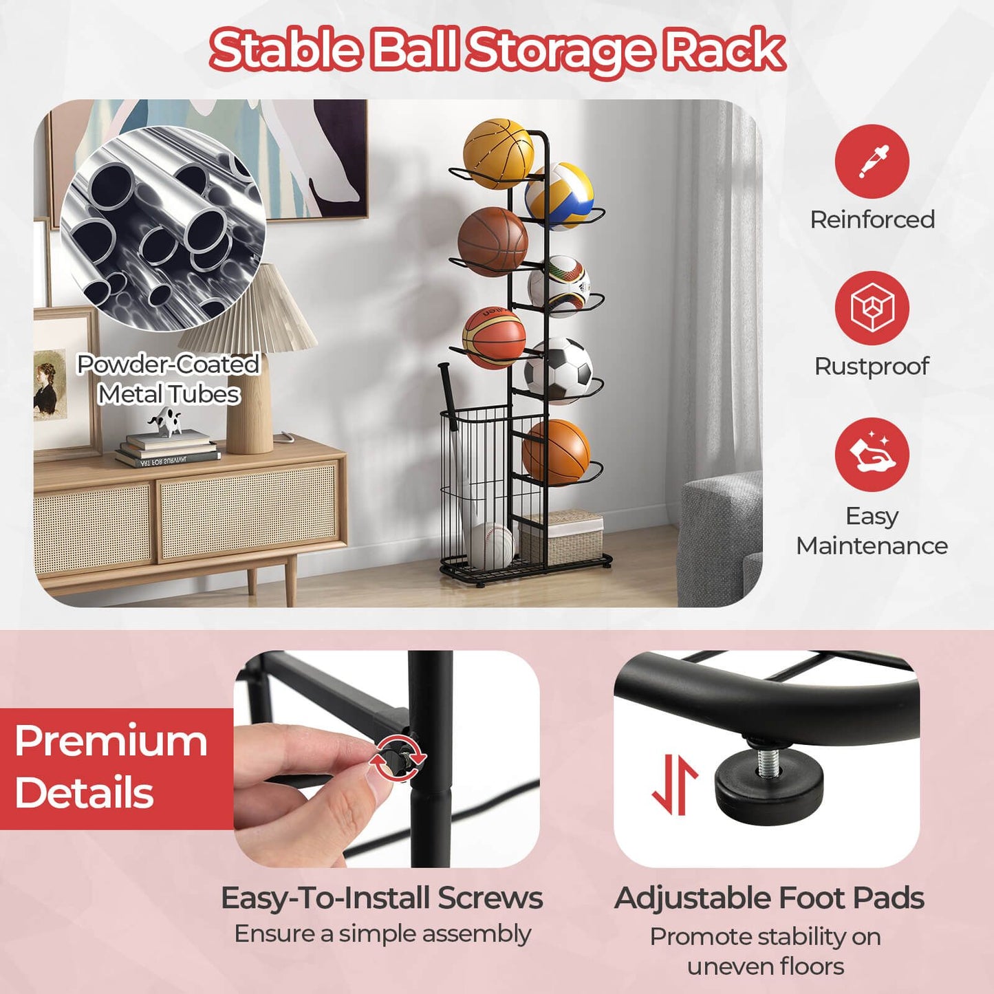 7-Tier Ball Storage Rack with Removable Hanging Rods and Side Basket