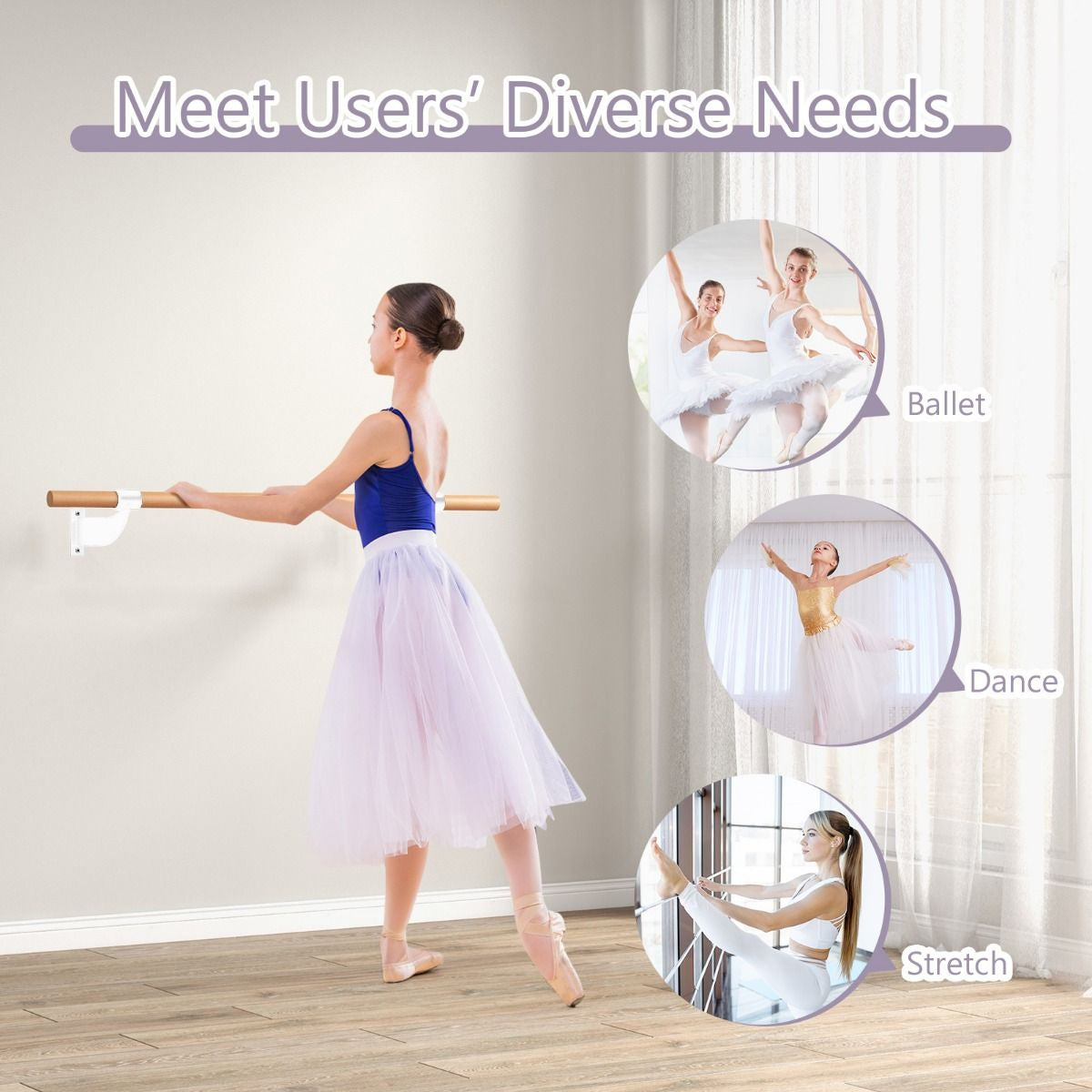 120CM Wall-Mounted Beech Wood Ballet Barre