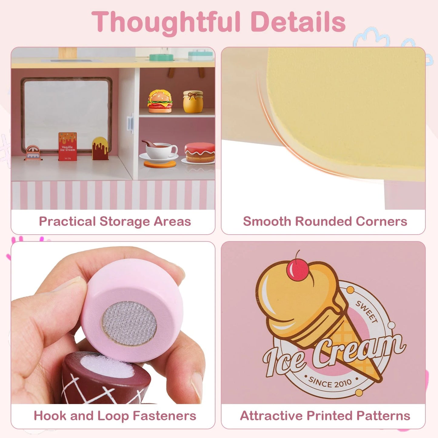 Wooden Kids Ice Cream Cart Pretend Play Set | Toddler Ice Cream Truck with Vending Machine & Accessories | Montessori Role Play Toy Ages 3+