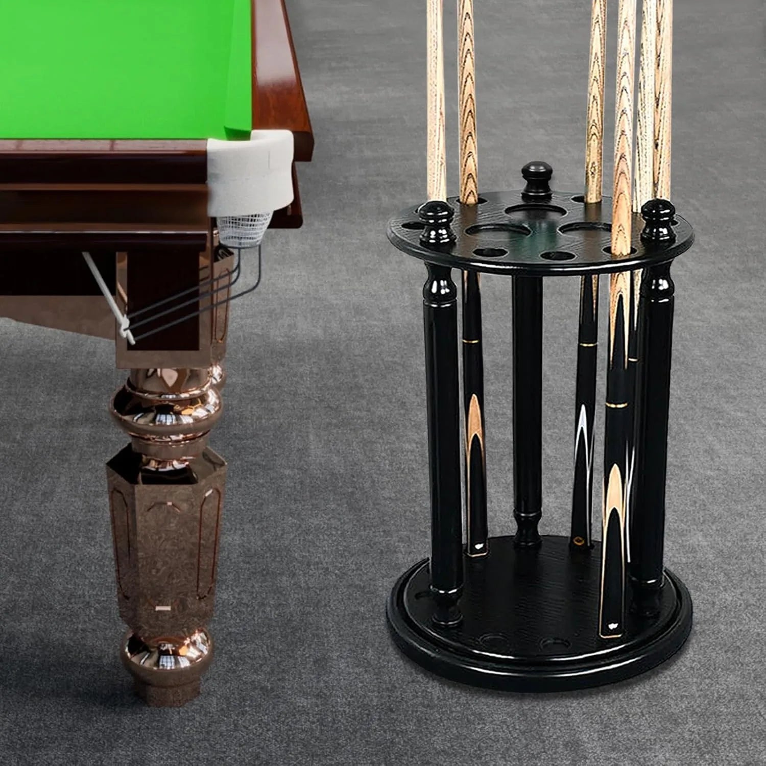 Wood Billiard Cue Rack 9 Pool Cue Holder Revolving Billiard Stick Cue Rack Pool Cue Holder Floor Stand (Black)