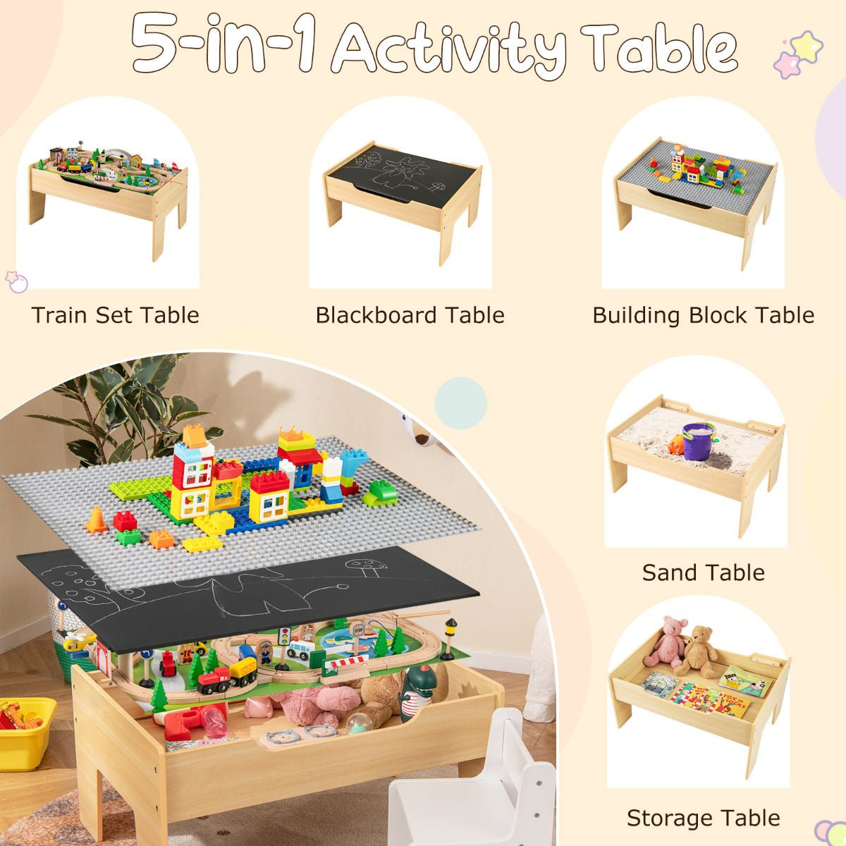 Wooden Train Table 78 Pieces Kids Activity Railway Playset