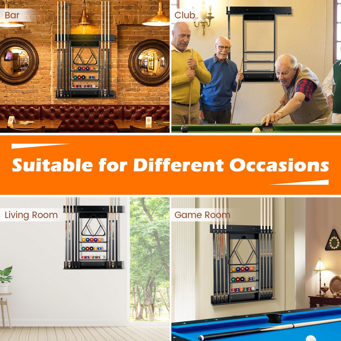 Wall-Mounted Billiard Cue Rack for Pool Sticks