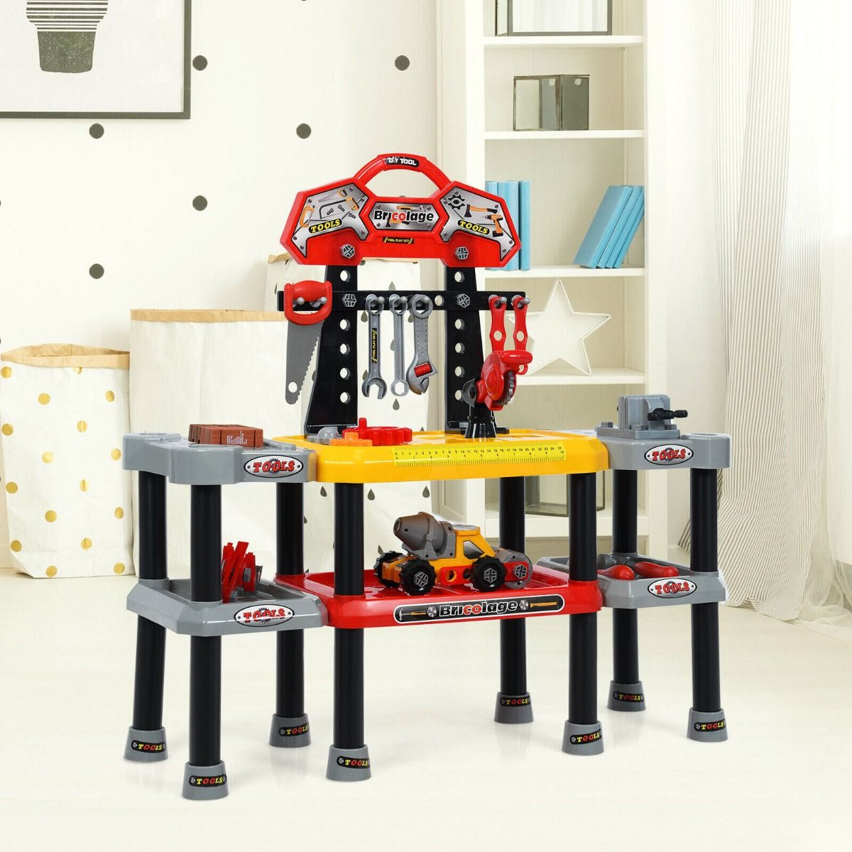 121-Piece Children's Pretend Play Tool Set with Double-Tier Workbench and Construction Accessories