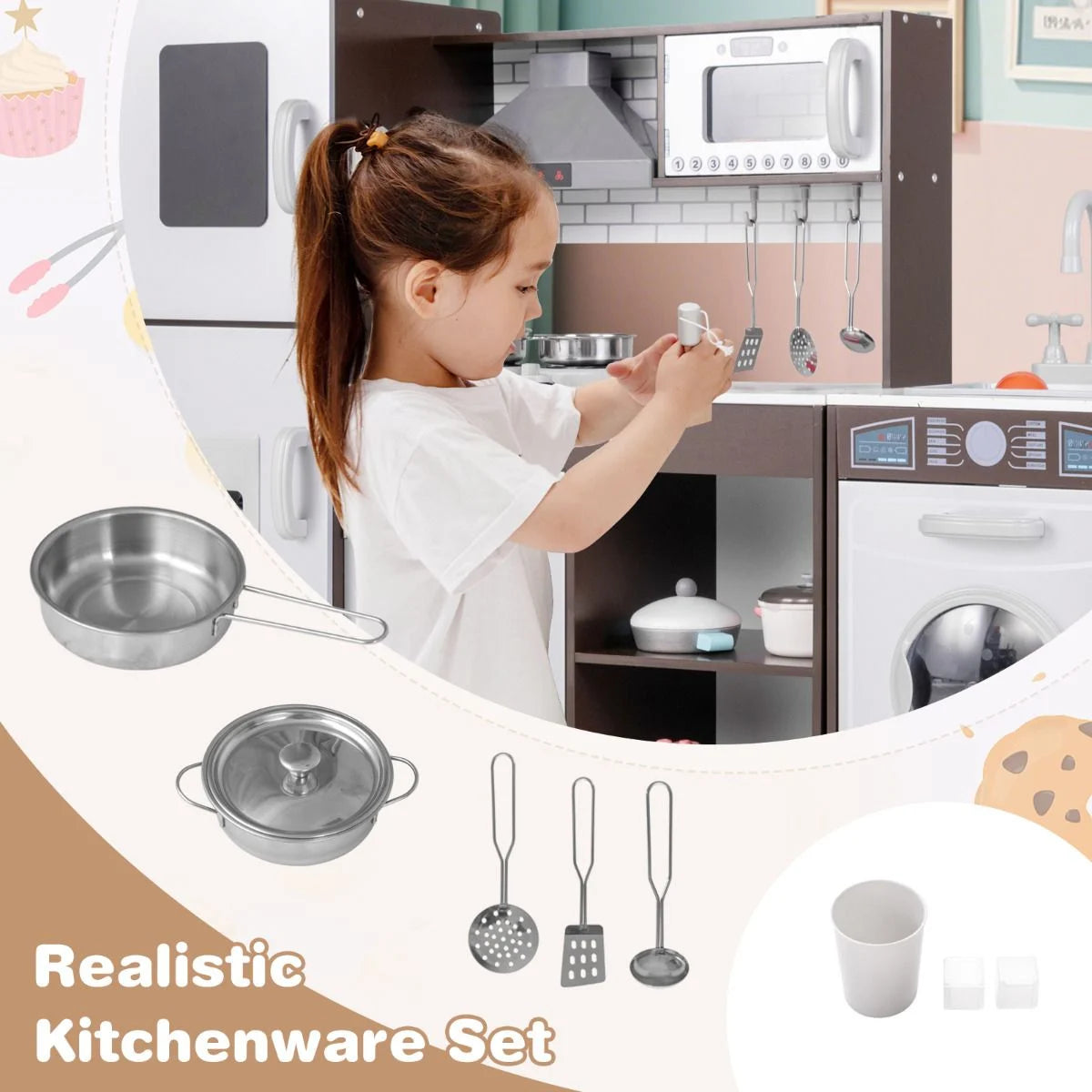 Deluxe Kids Wooden Kitchen Playset with Realistic Lights, Sounds & Ice Maker | Modern Pretend Cooking Station for Ages 3+