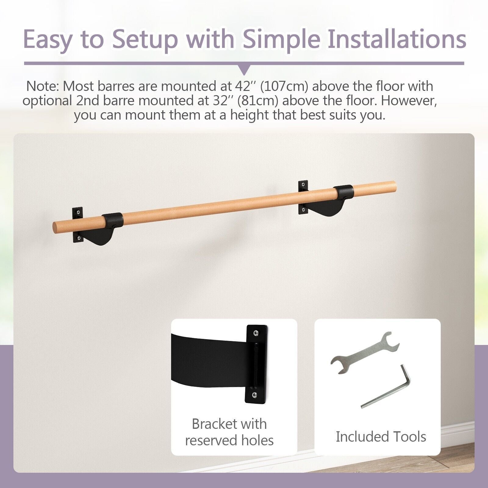 120CM Wall-Mounted Beech Wood Ballet Barre