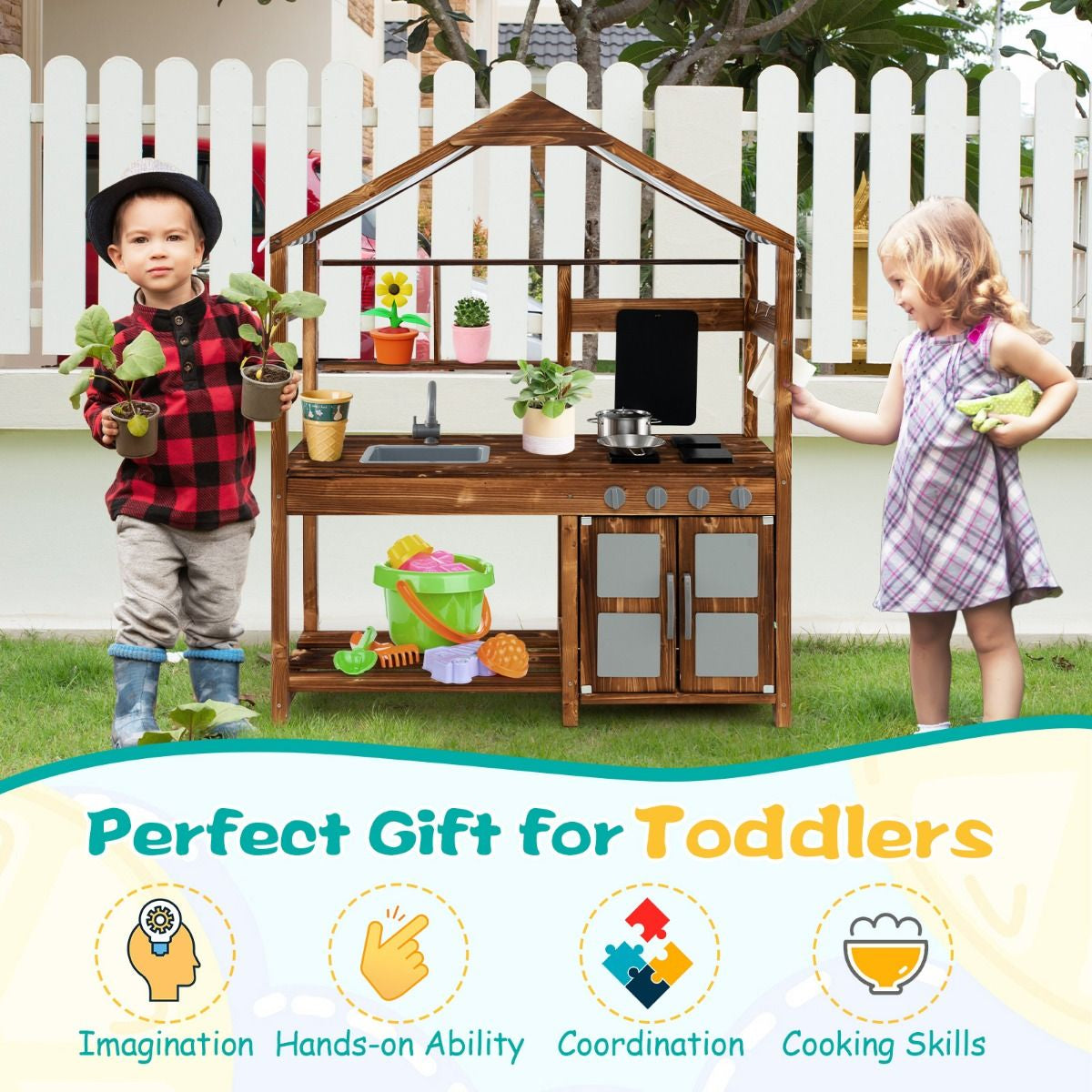 Outdoor Wooden Mud Kitchen with Canopy & Rotatable Faucet | Kids Play Kitchen with Sink, Chalkboard & Accessories