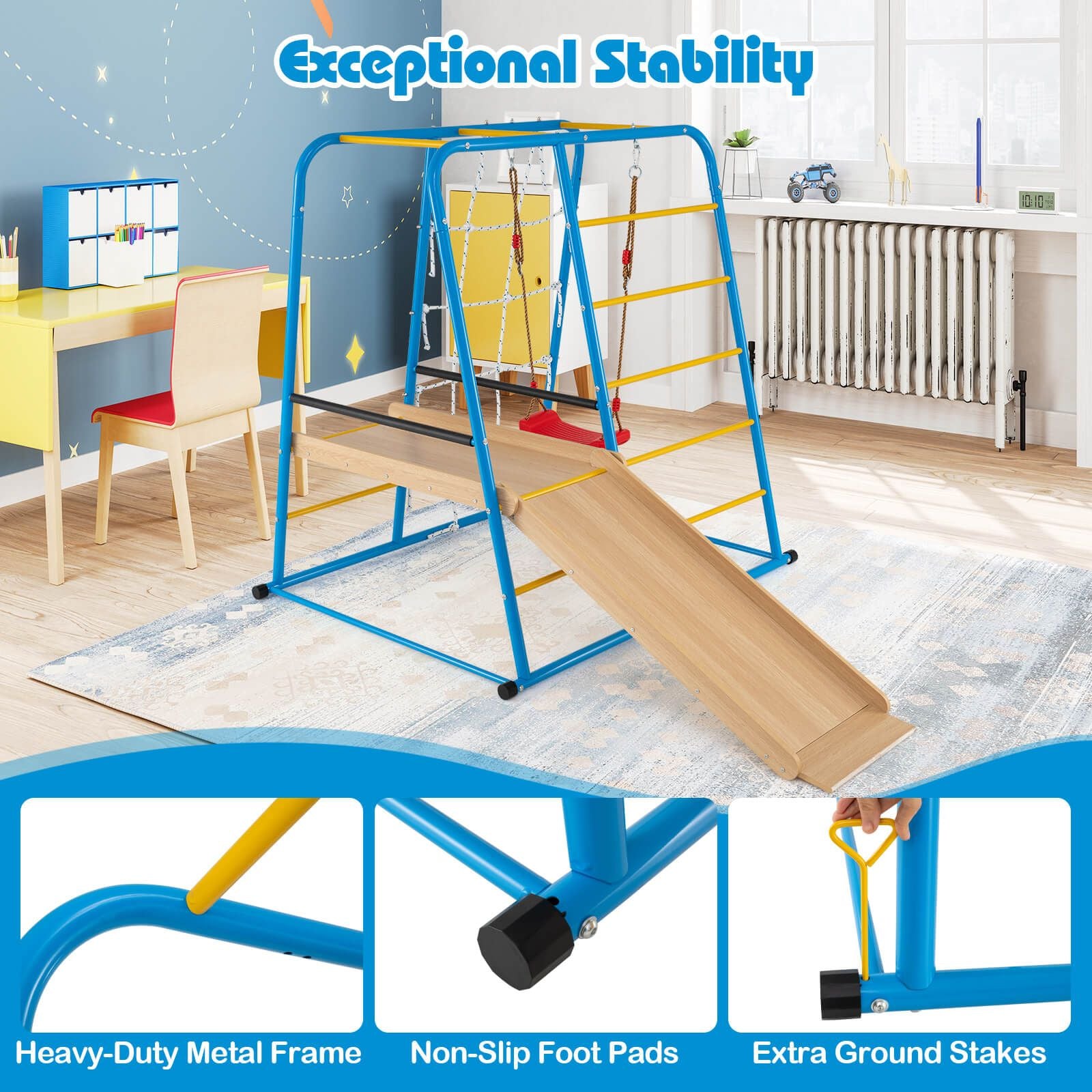 6-in-1 Indoor Jungle Gym Metal Climber with Slide, Swing & Monkey Bars | Kids Playset for Active Learning