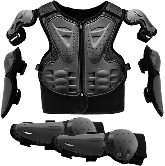 Kids Dirt Bike & Motorcycle Body Armour Set – Protective Vest with Knee & Elbow Pads | Full Riding Gear for Children Ages 6–13 | Black