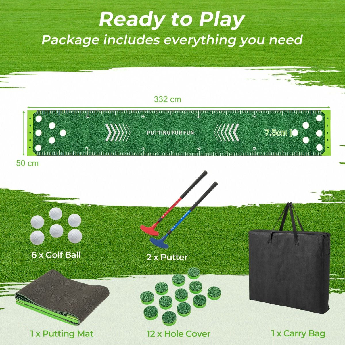 11-Foot Indoor Putting Green Mat with Adjustable Putters, Golf Balls, and Hole Covers for Events