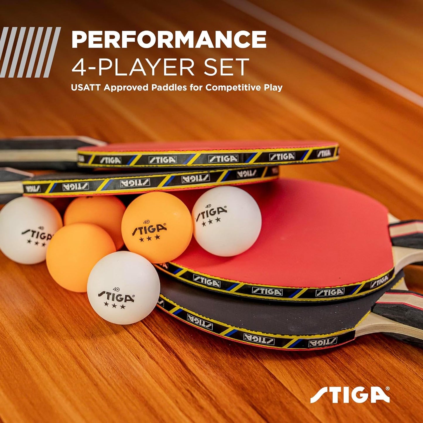 STIGA Performance 2- or 4-Player Table Tennis Set – USATT-Approved Rackets & 3-Star Balls | 5-Ply Blade, Flared Handle | Advanced Spin, Speed & Control
