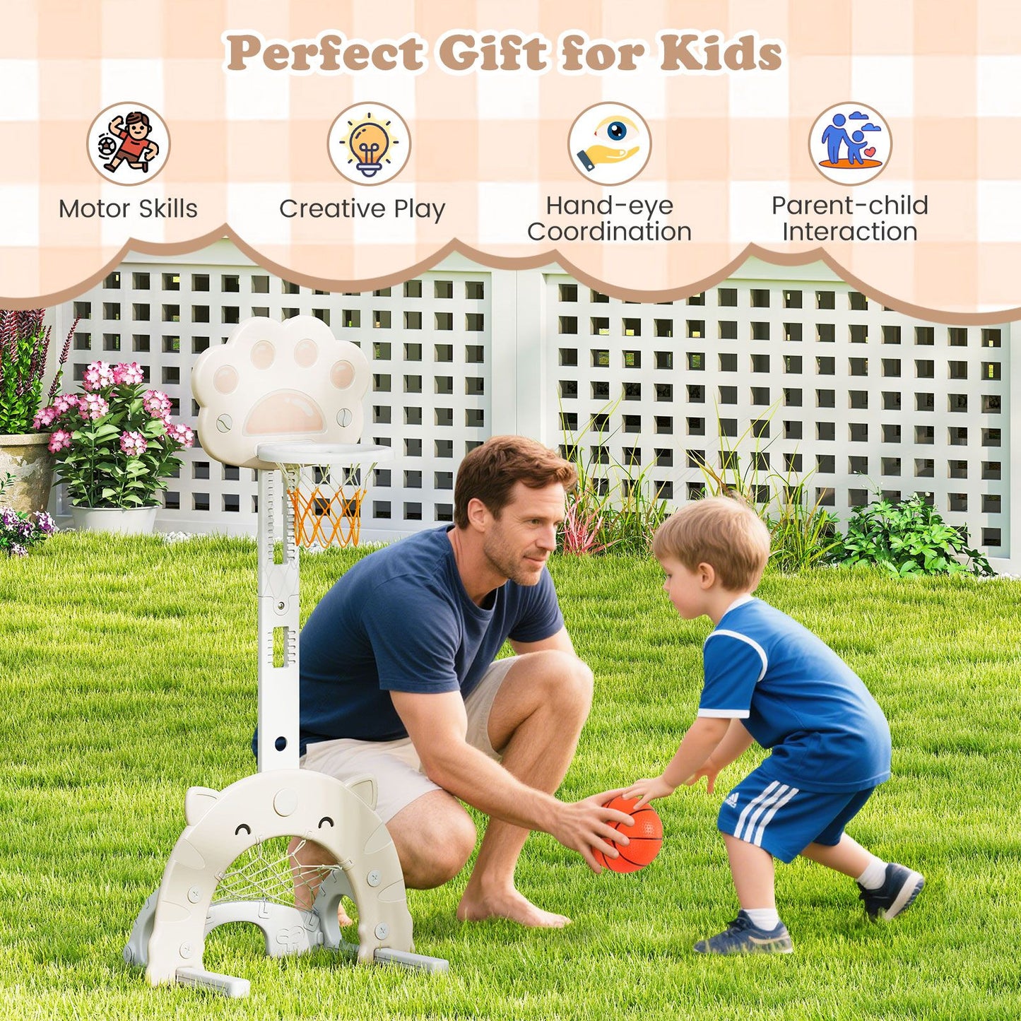 Adjustable 3-in-1 Kids Sports Center with Basketball Hoop and Soccer Game