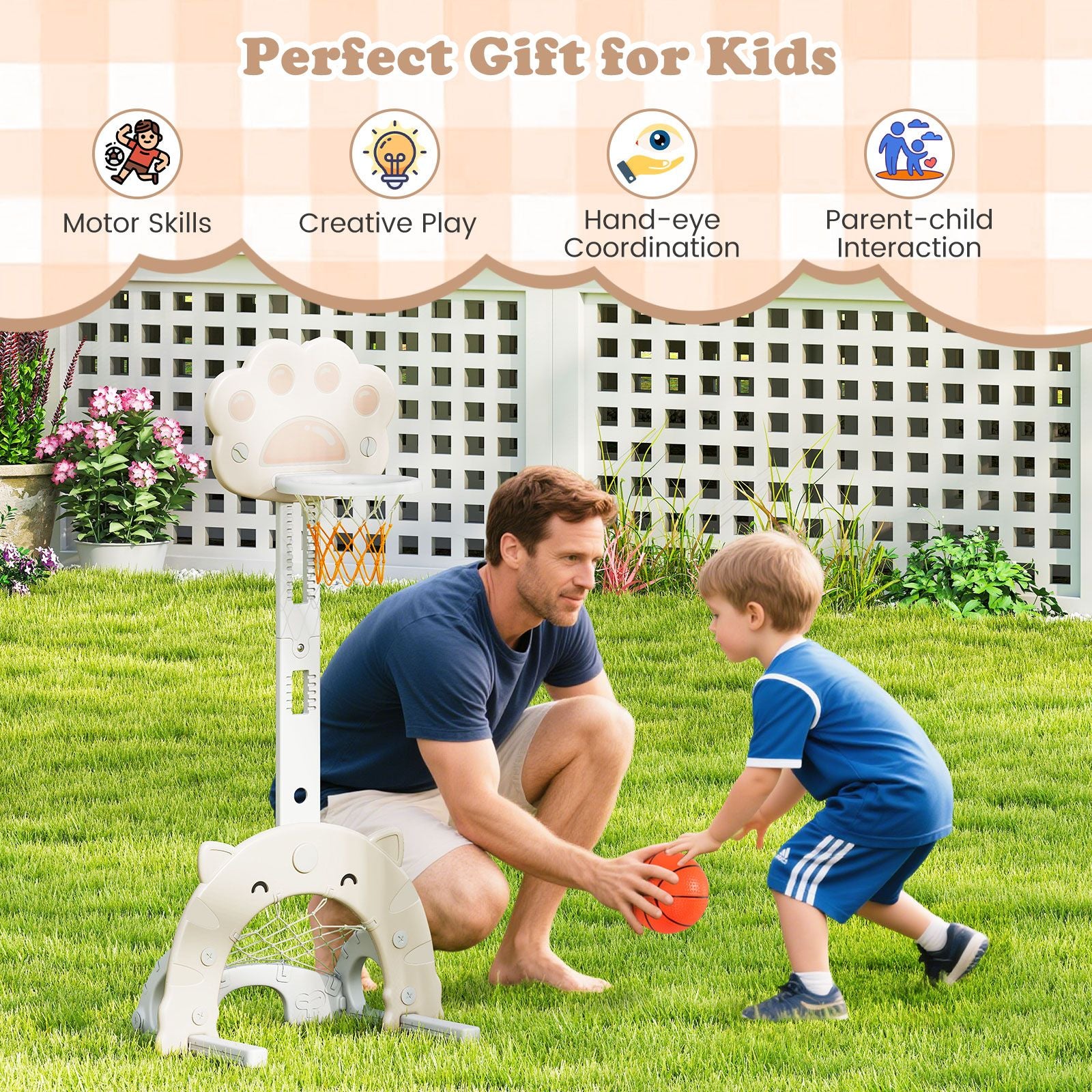 Adjustable 3-in-1 Kids Sports Center with Basketball Hoop and Soccer Game