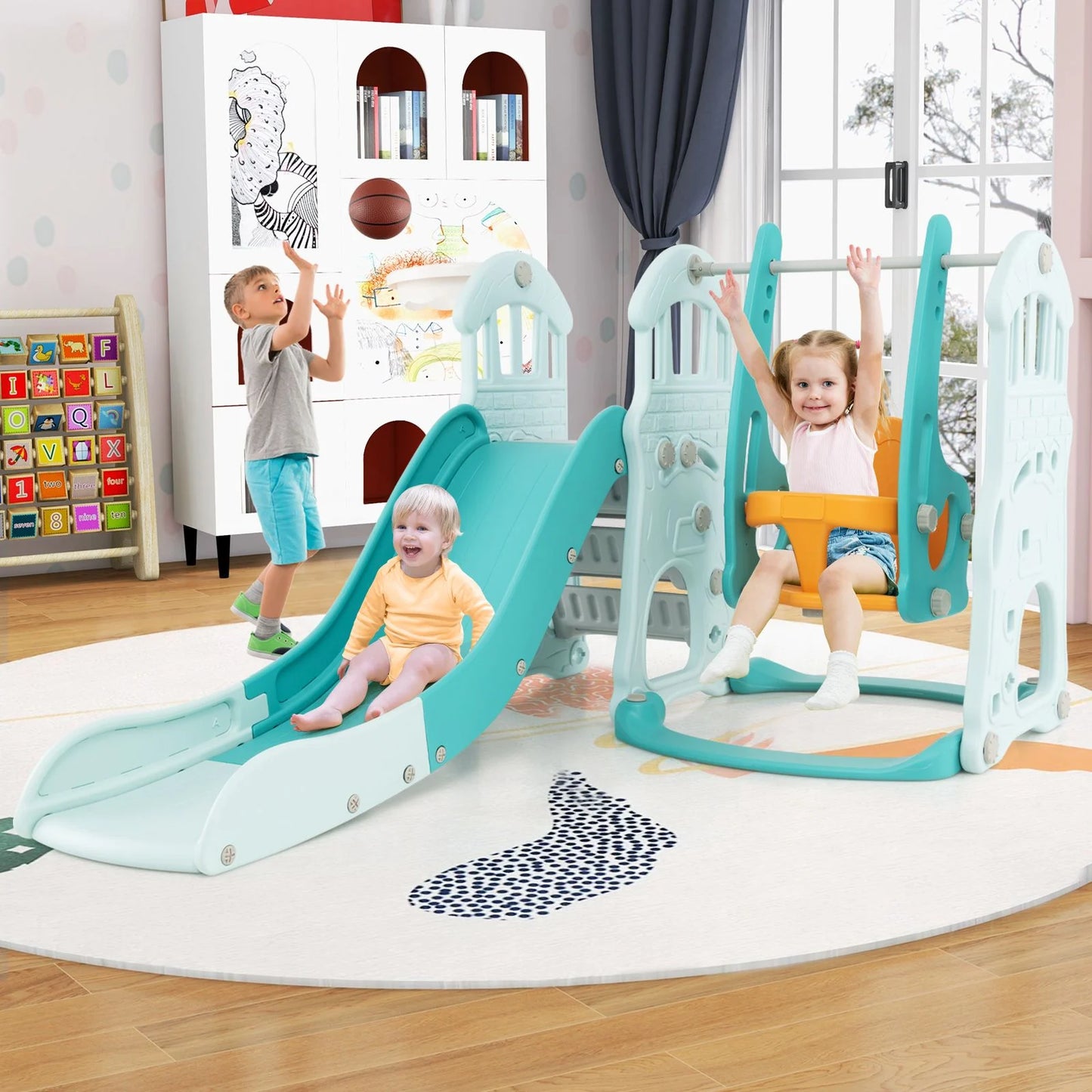 4-in-1 Toddler Slide and Swing Set with Extended Foldable Slide