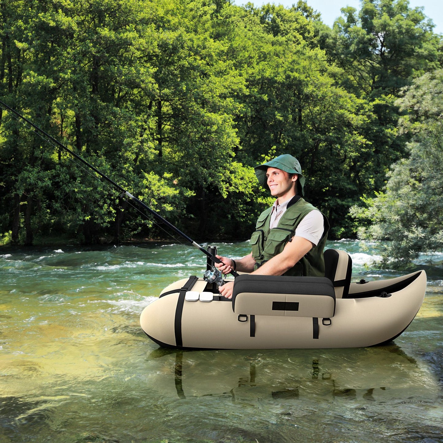 Inflatable Fishing Float Tube with Pump, Paddle, and Storage Compartments