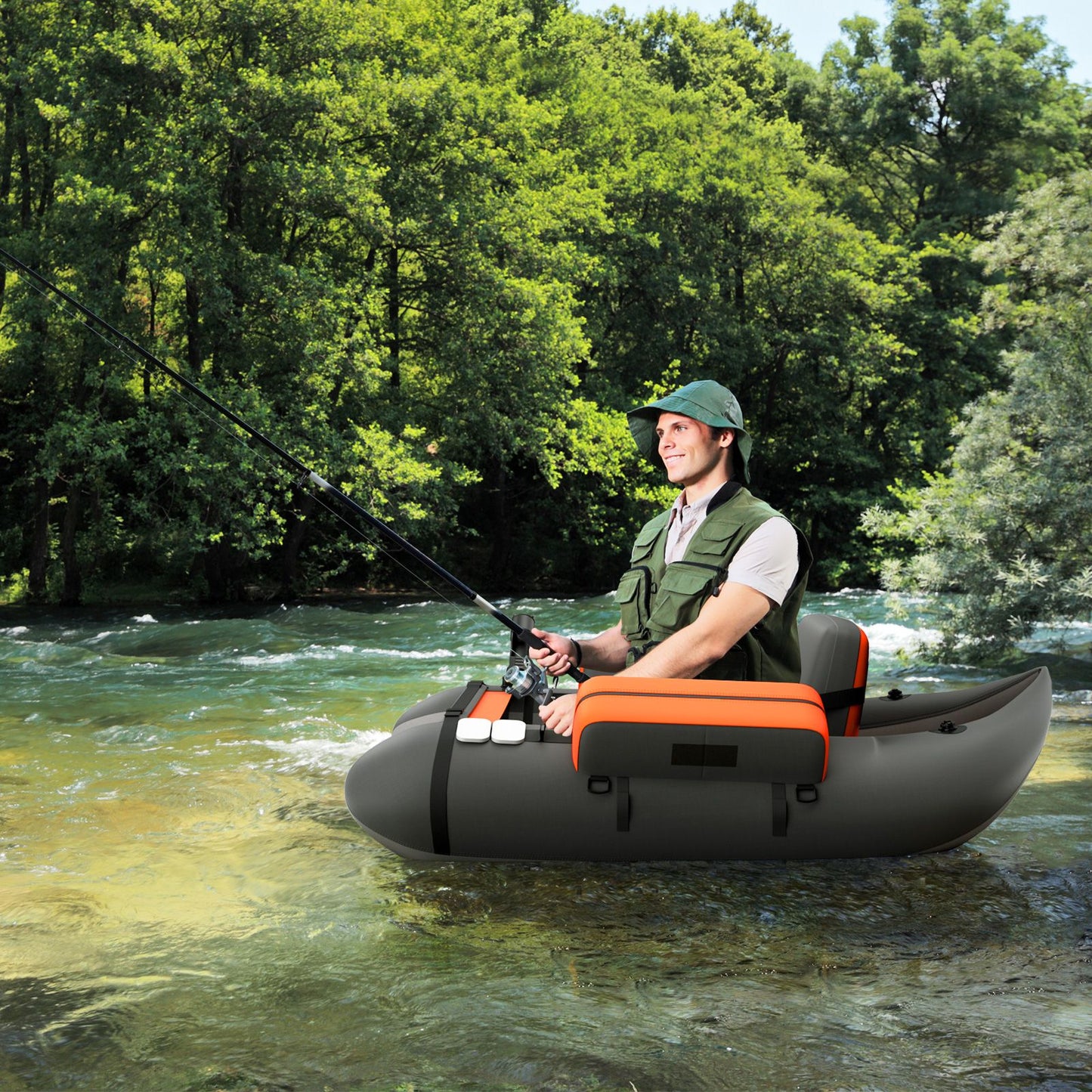 Inflatable Fishing Float Tube with Pump, Paddle, and Storage Compartments