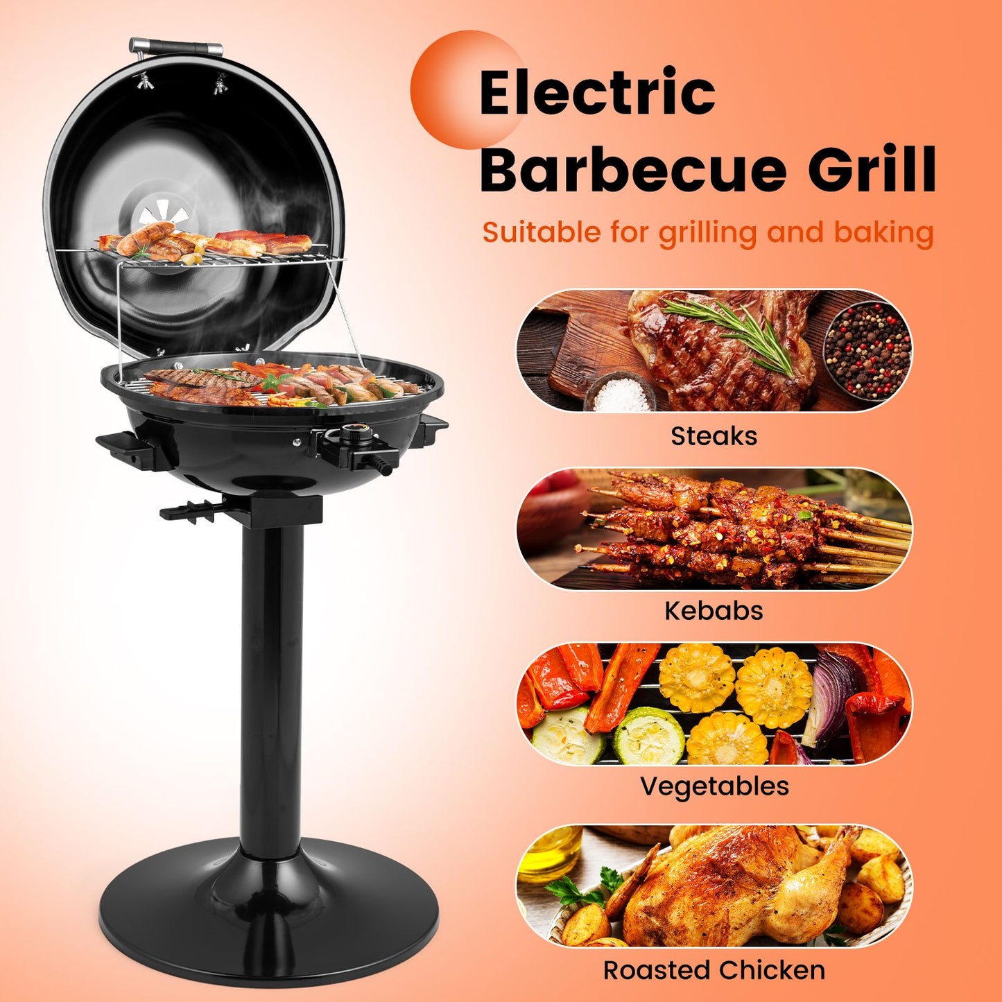 Electric Barbecue Grill with Detachable Non-Stick Cooking Rack