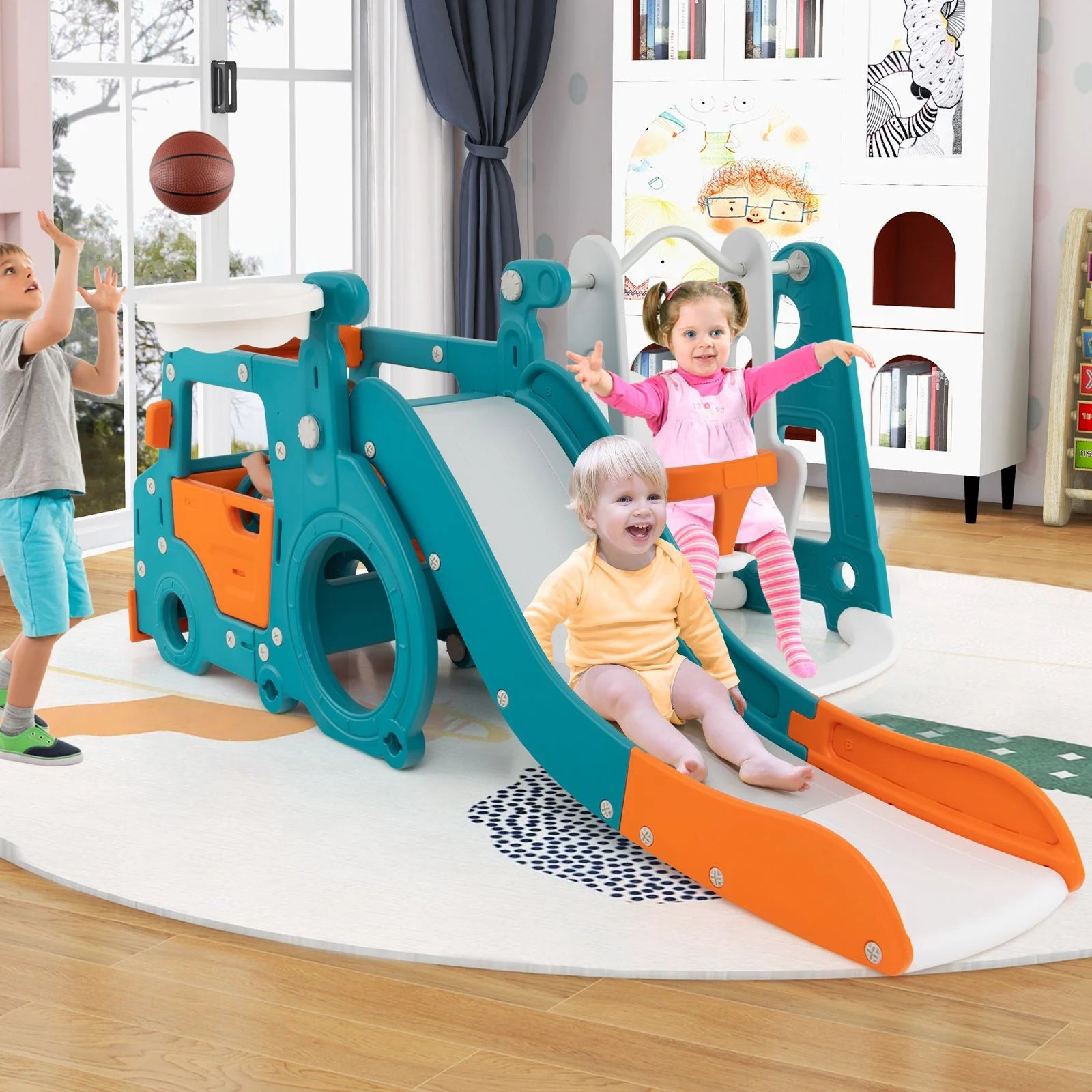 5-in-1 Kids Slide & Swing Playset with Basketball Hoop, Mini Bus Tunnel & Foldable Slide | Indoor & Outdoor Toddler Activity Center