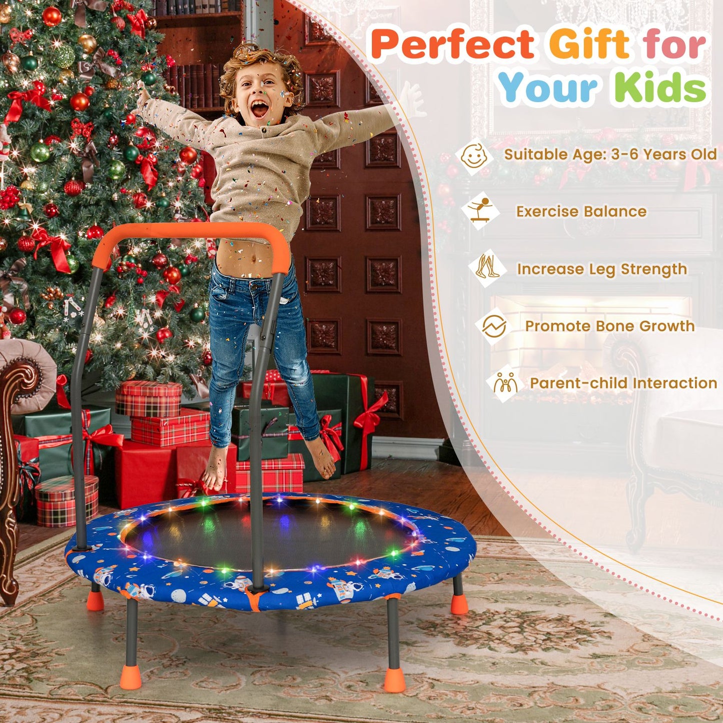 Children's Mini Trampoline with LED Lights and Safety Handle