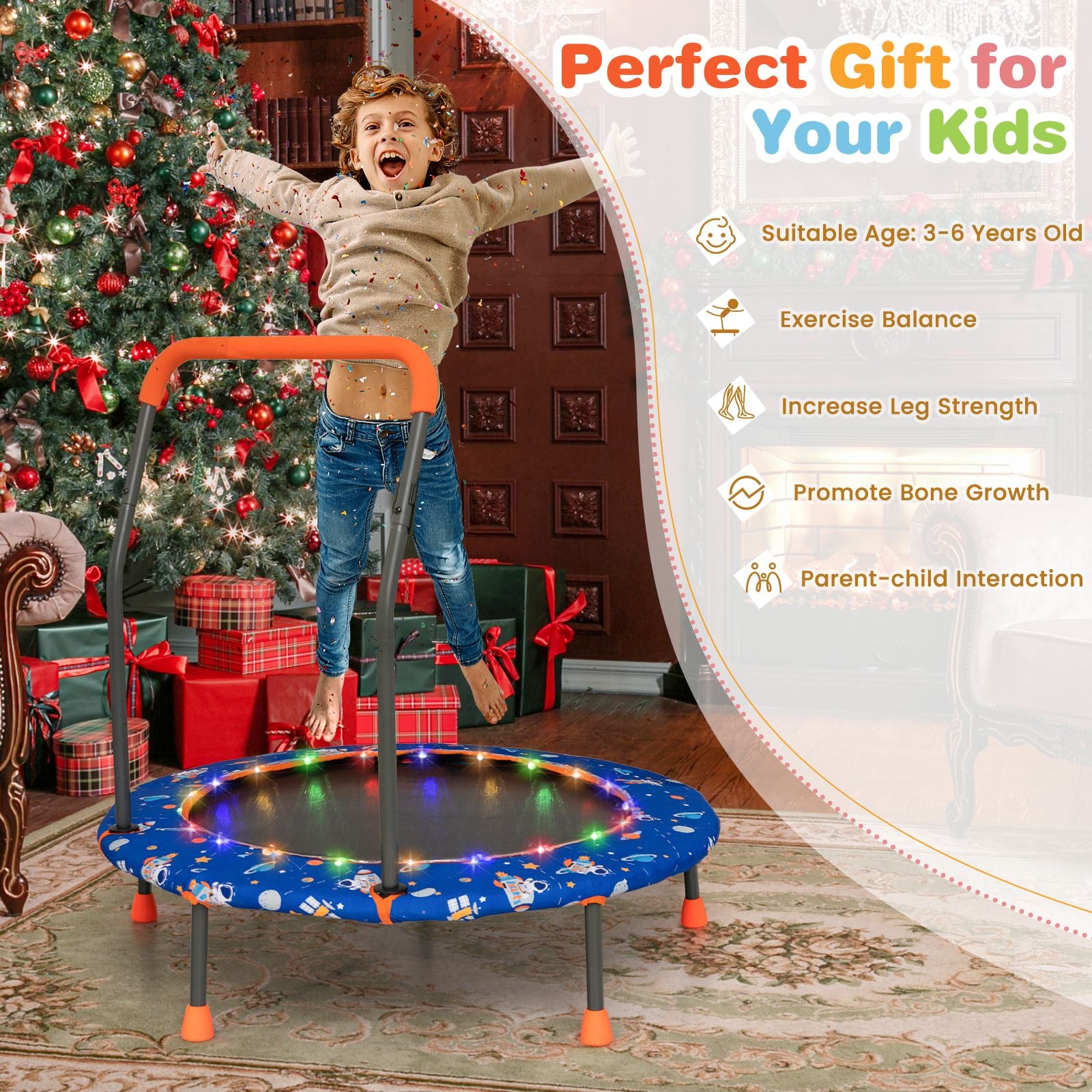 Children's Mini Trampoline with LED Lights and Safety Handle