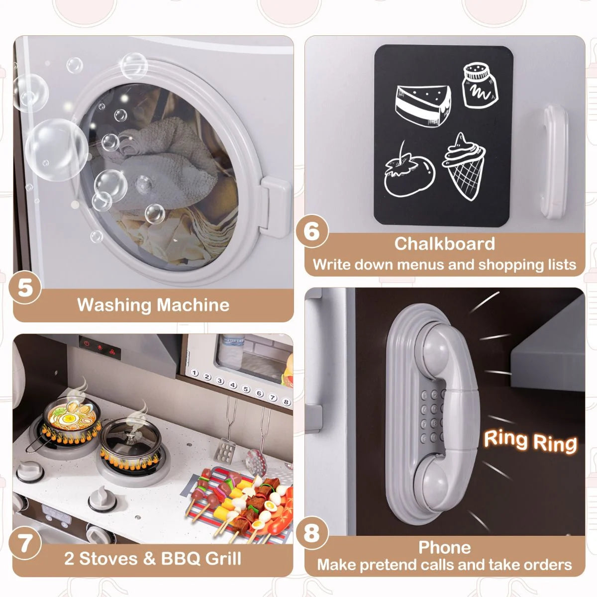 Deluxe Kids Wooden Kitchen Playset with Realistic Lights, Sounds & Ice Maker | Modern Pretend Cooking Station for Ages 3+