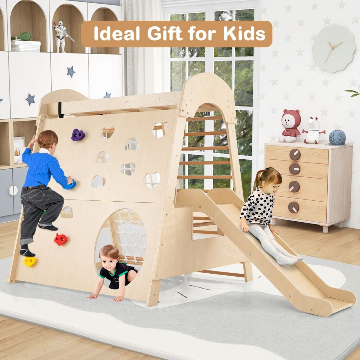 8-In-1 Indoor Jungle Gym Wooden Playground with Climbing Wall
