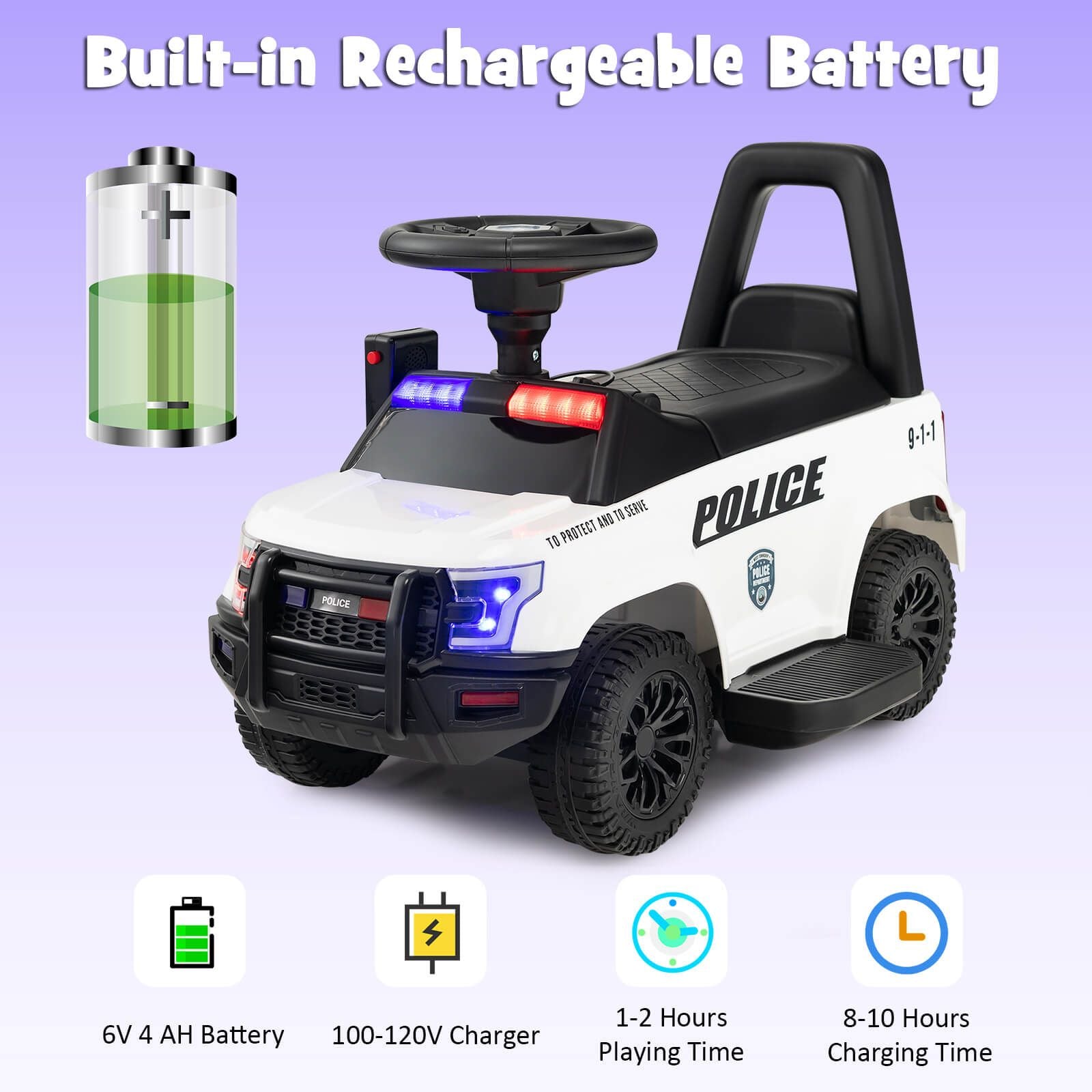 6V Kids Ride-On Police Car with Siren Lights, Megaphone & Hidden Storage | Electric Ride-On Toy for Toddlers