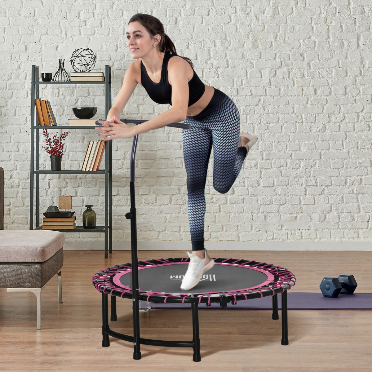 Pink HOMCOM Mini Trampoline for Fitness: Adjustable Handle for All Ages - All Round Fitness