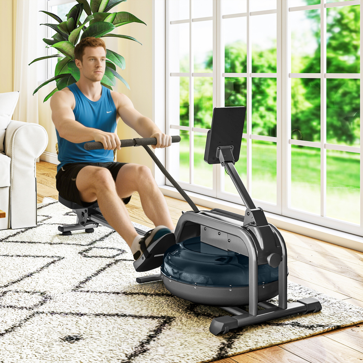 Water Rowing Machine with 6-Level Adjustable Resistance & Upright Storage