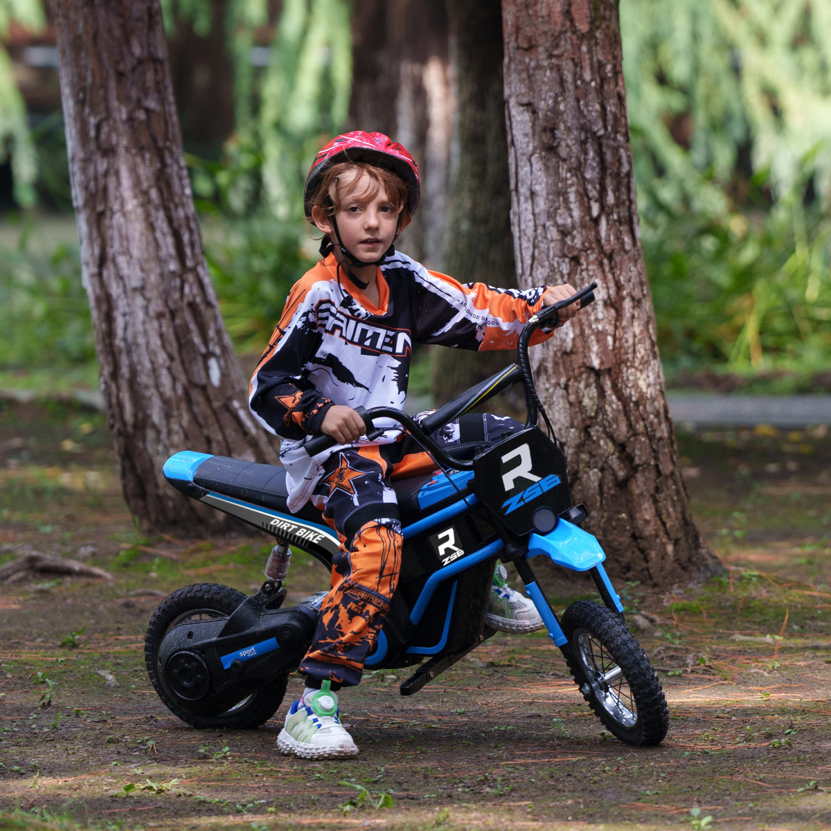 Kids 24V Electric Dirt Bike with Twist Throttle, Music, Horn & Shock Absorption – Black & Blue