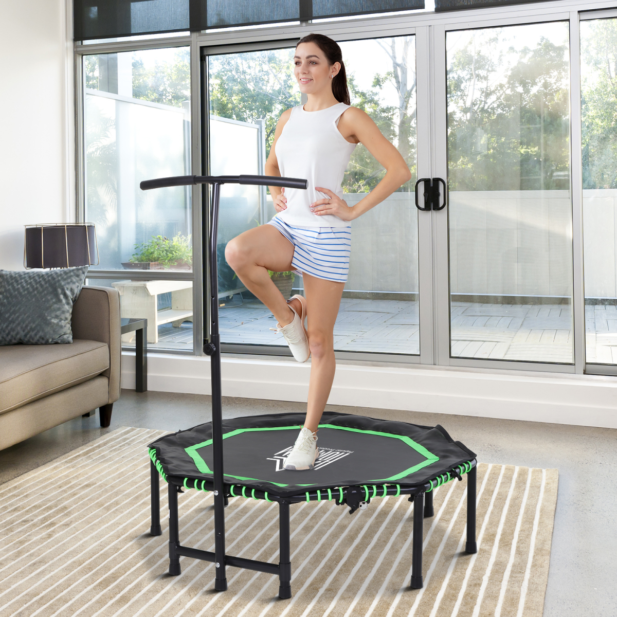 HOMCOM Foldable Trampoline Bouncer Jumper with Adjustable Handle for Adults & Teens – Green