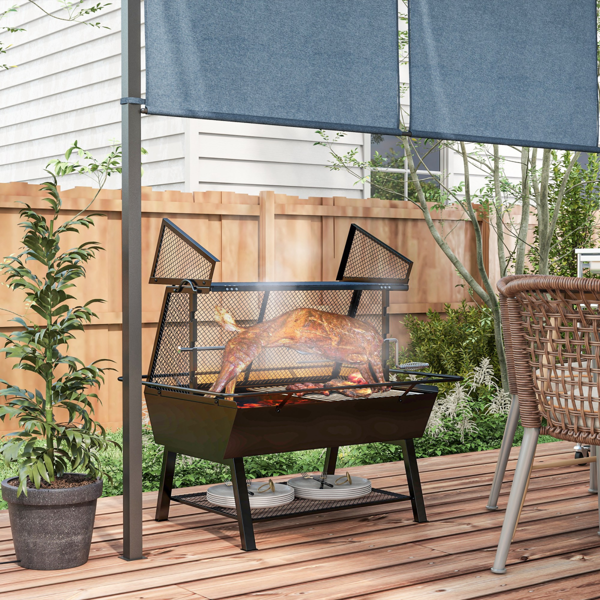 3-in-1 Outdoor BBQ Grill, Rotisserie & Fire Pit with Mesh Cover