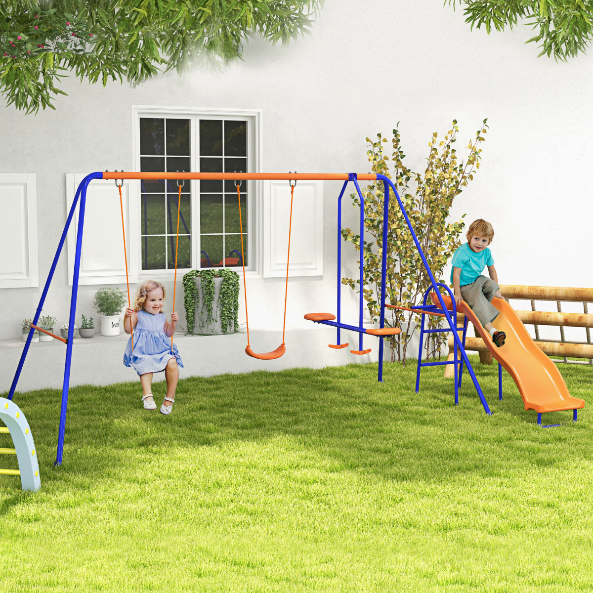 Outsunny 4-in-1 Kids Swing Set with Double Swings, Glider, Slide & Ladder – Outdoor Playground