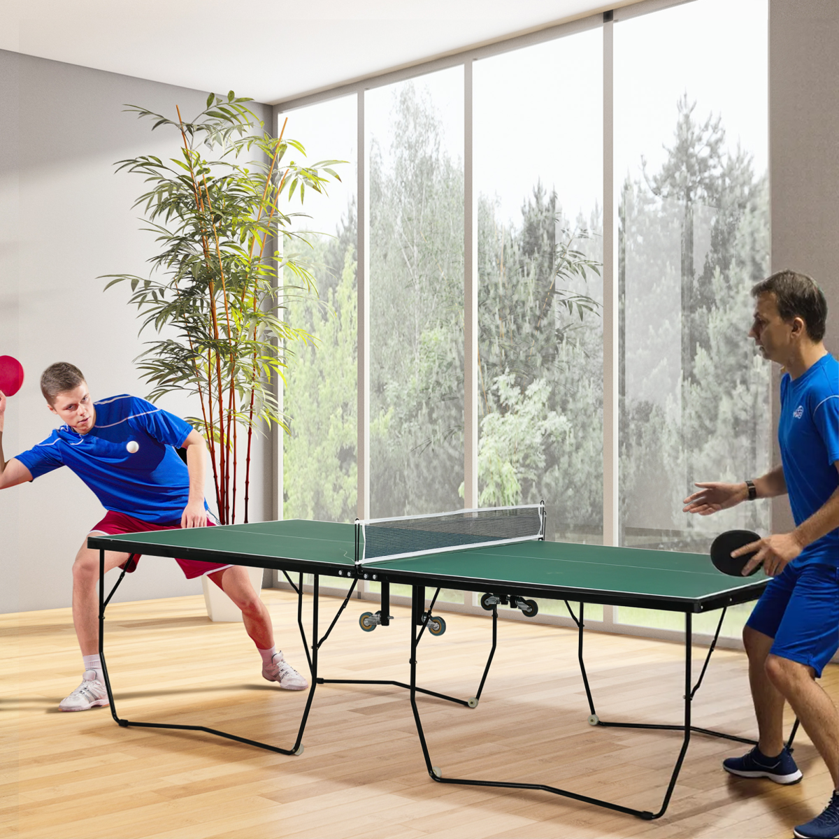 SPORTNOW 9FT Folding Table Tennis Table with 8 Wheels – Indoor & Outdoor Use