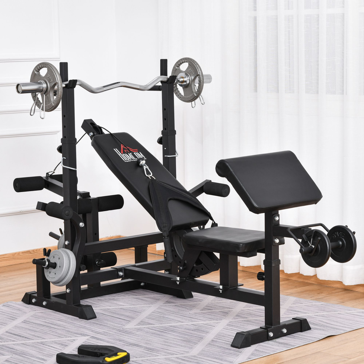 Versatile Full-Body Weight Bench with Leg Extension & Barbell Rack by HOMCOM - All Round Fitness