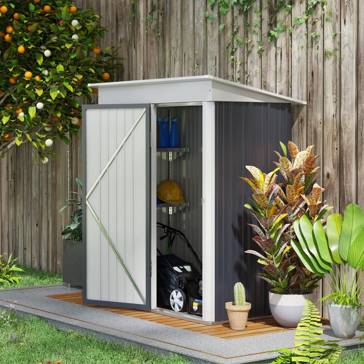 Small Garden Shed – Dark Grey Steel Lean-to Bike Storage with Adjustable Shelf & Lock, 5x3 - All Round Fitness