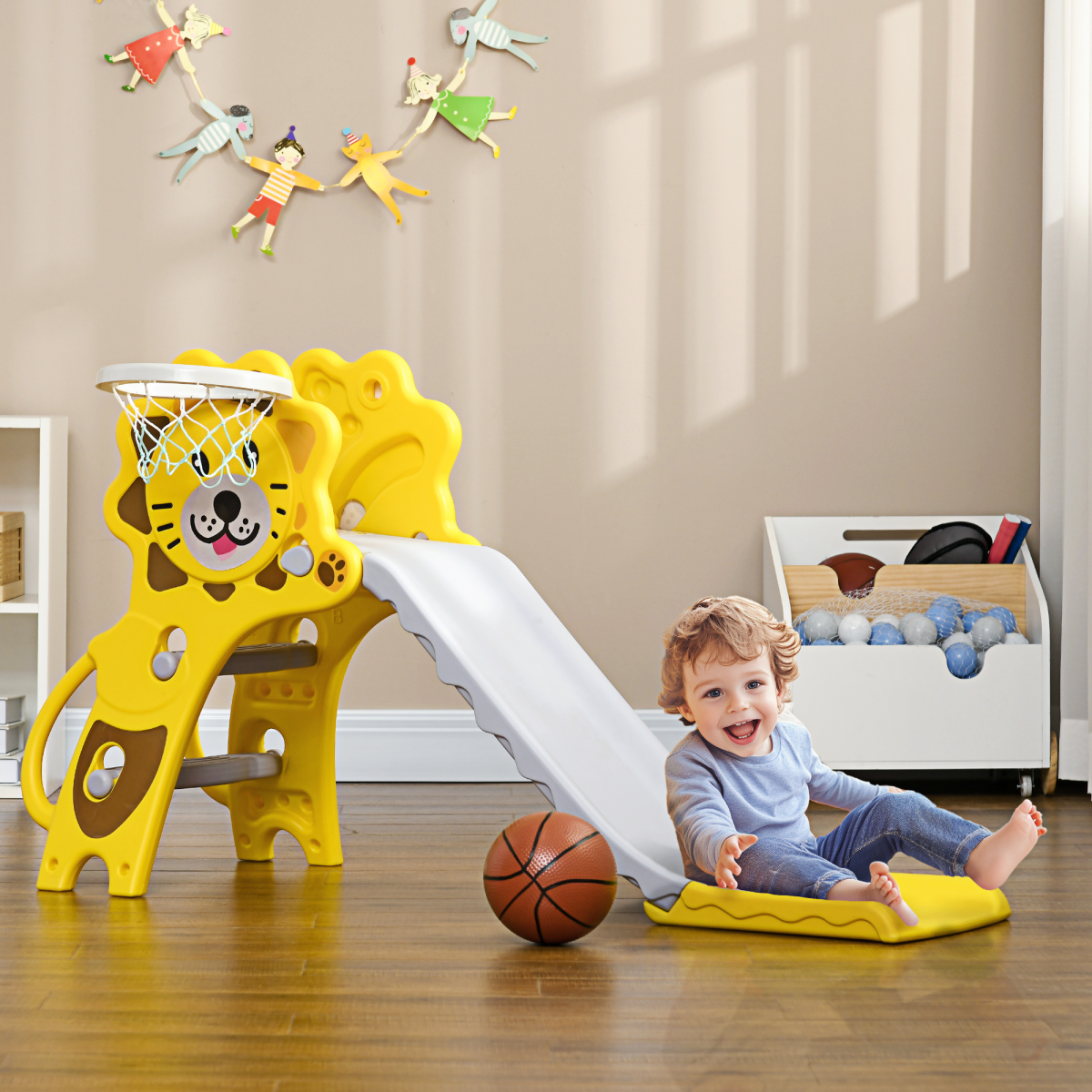 AIYAPLAY 2-in-1 Toddler Slide with Basketball Hoop – Indoor Playground for 18–36 Months