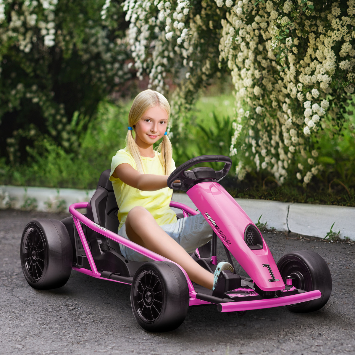 24V Electric Drift Go Kart for Kids with Music, Horn & Slow Start – Pink