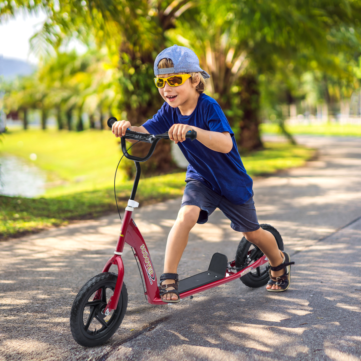 Red HOMCOM Kids Stunt Scooter - Adjustable, Stable, Smooth 12" EVA Tyres! - All Round Fitness