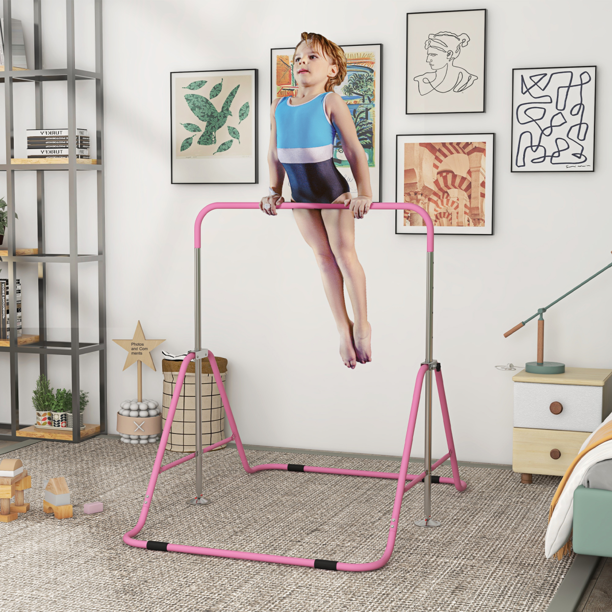 Kids Gymnastics Bar – Adjustable Height & Foldable Training Bar, Pink