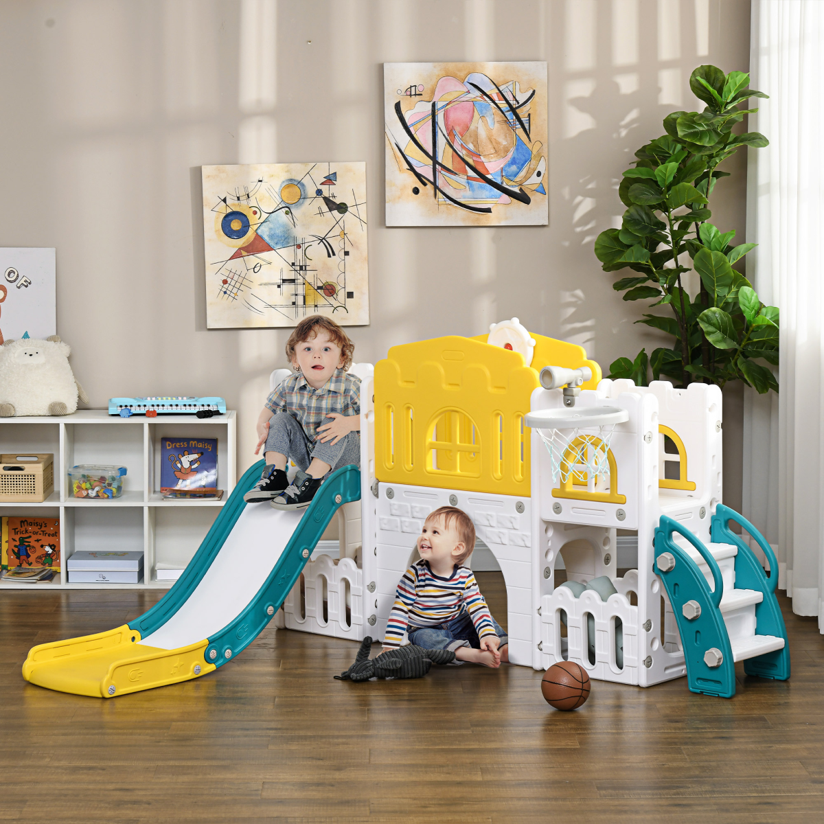 AIYAPLAY 7-in-1 Toddler Slide & Playset with Basketball Hoop, Tunnel & Storage – Yellow Castle Theme
