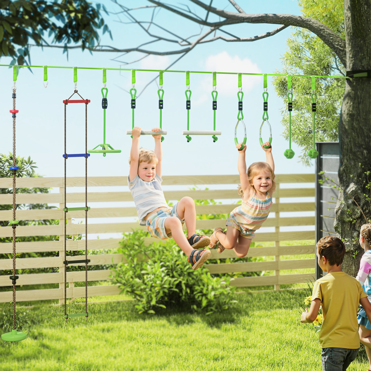 AIYAPLAY Kids Obstacle Course with 10PC Slackline Kit – Outdoor Adventure Playset, Green