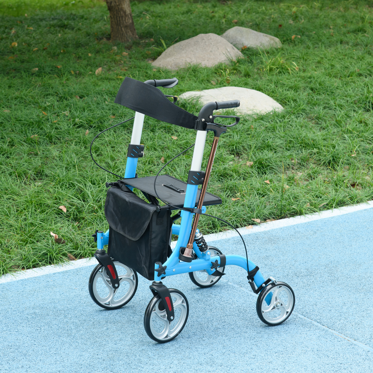 Lightweight 4-Wheel Rollator Walker with Seat, Bag & Dual Brakes – Adjustable Height (Blue) - All Round Fitness