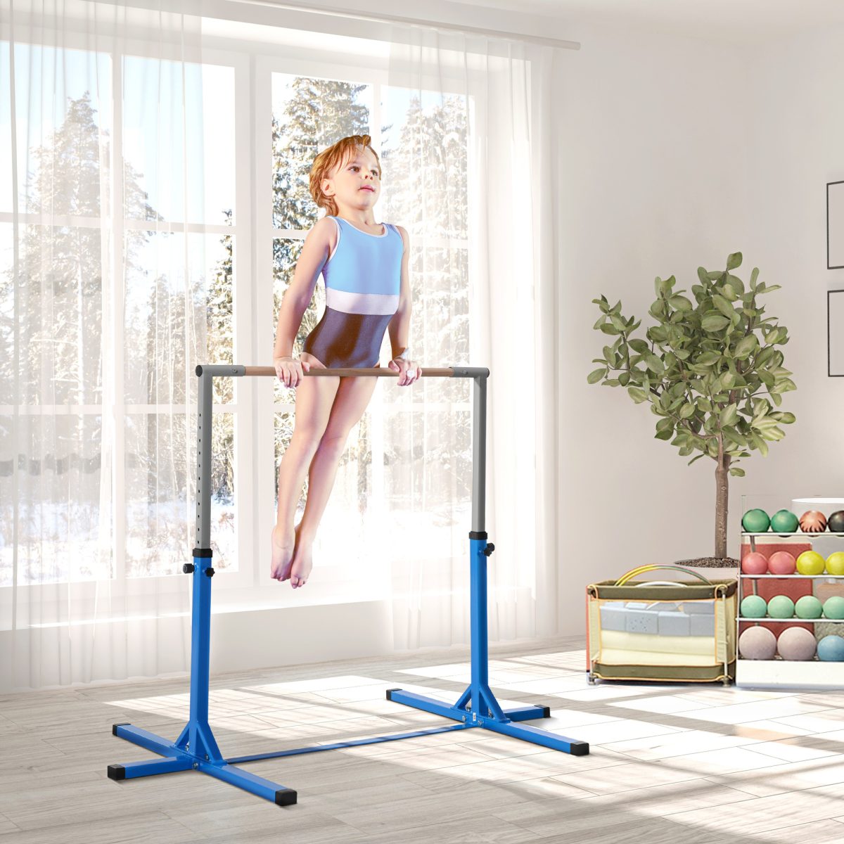 Adjustable Kids Gymnastics Bar – Horizontal Training Bar with Steel Frame & Beech Wood Top, 13 Height Levels (92–150cm), Stable ‘T’ Base – Blue - All Round Fitness