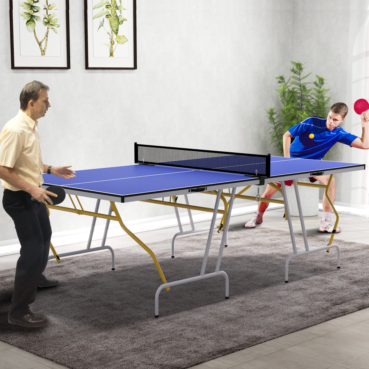 9FT Foldable Table Tennis Table with Net, Paddles, Balls & Protective Cover – Blue