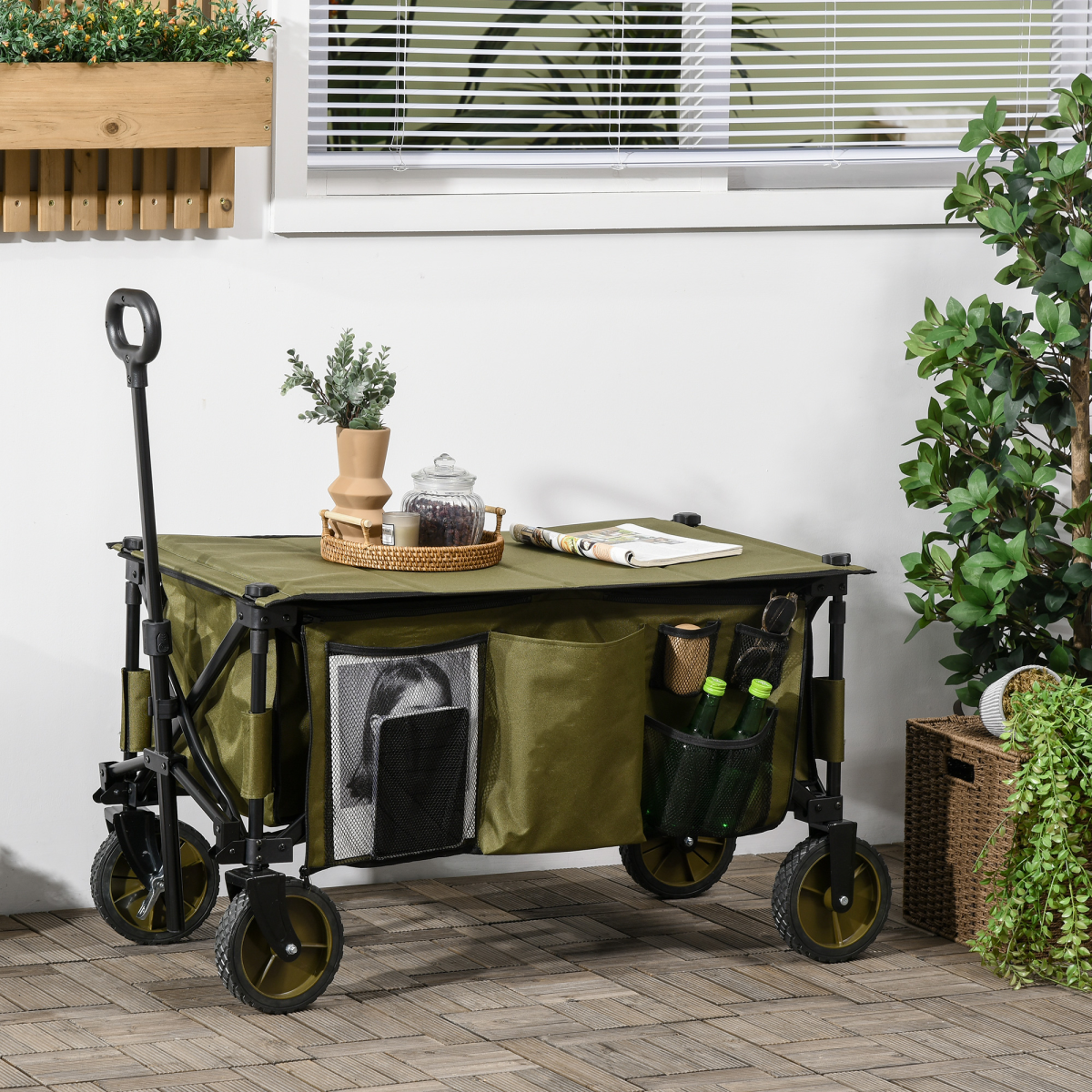 Folding Garden Trolley – Collapsible Utility Cart with Cover & Pockets, 100kg Load, Khaki Green