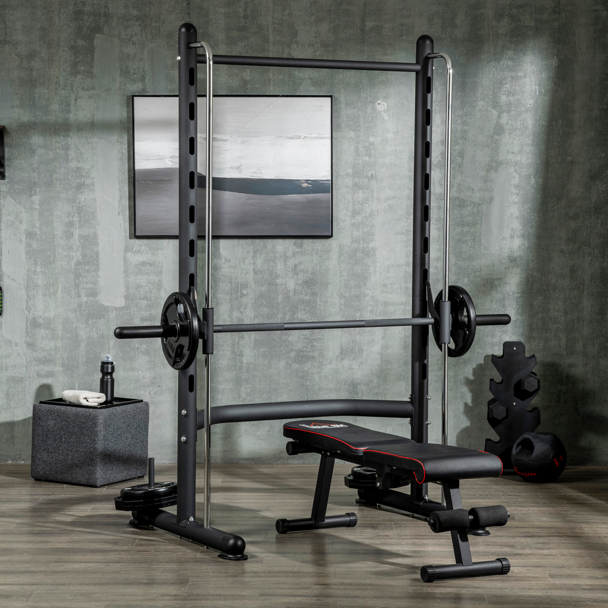 Adjustable Squat Rack with Pull-Up Bar & Barbell Bar – Multi-Function Home Gym Station