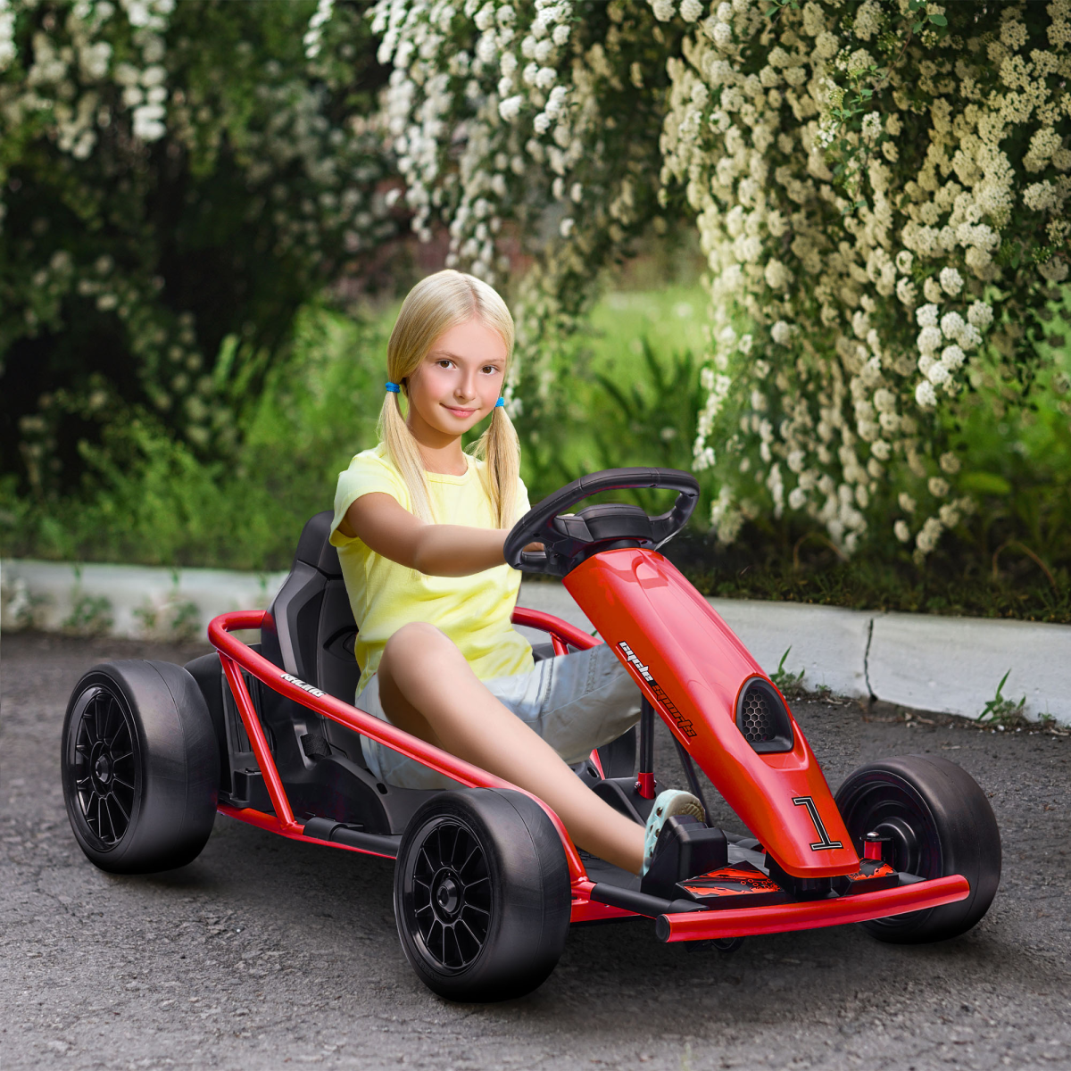 24V Electric Drift Go Kart for Kids with Music, Horn & Slow Start – red