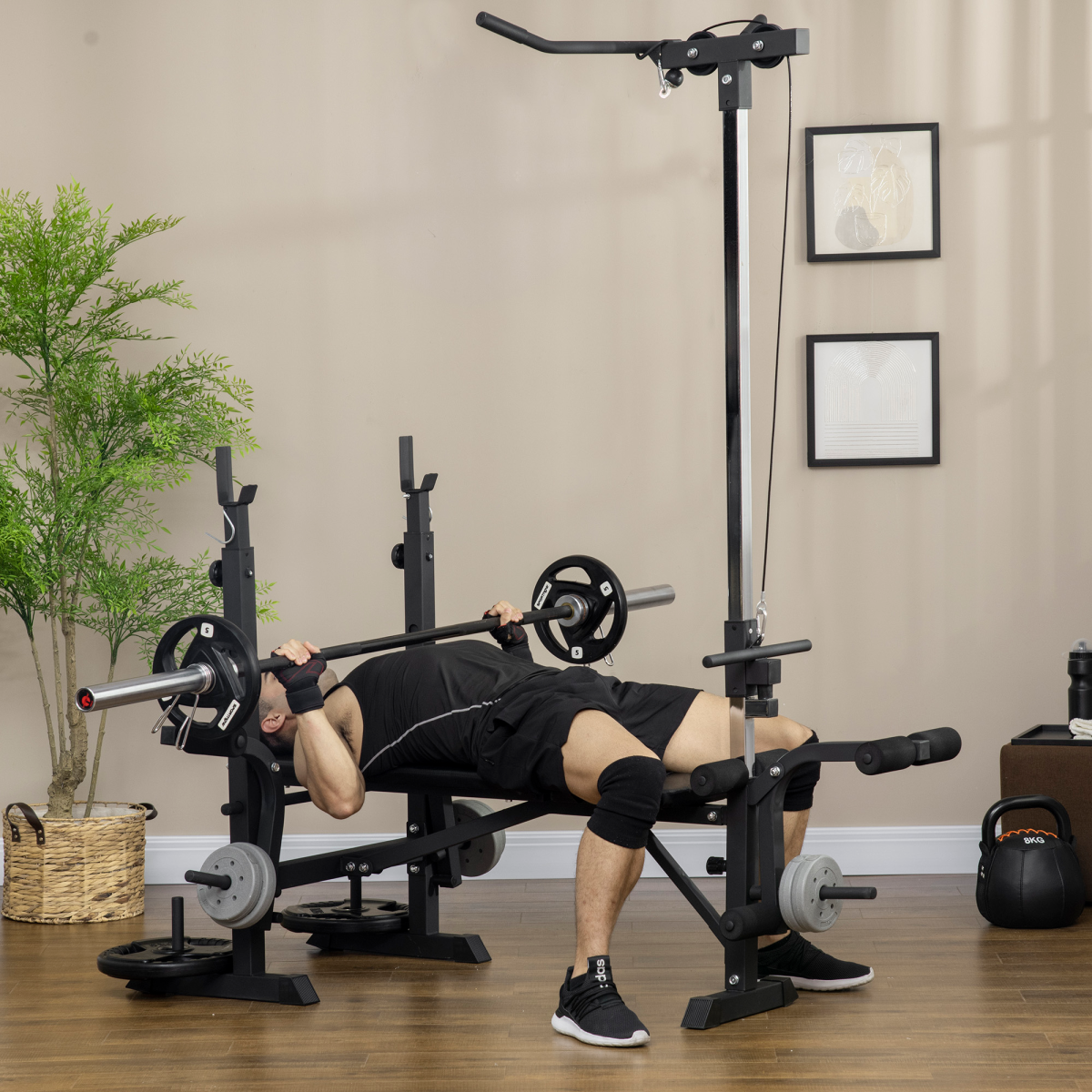 Adjustable Weight Bench with Barbell Rack & Pulley System – Full Body Workout