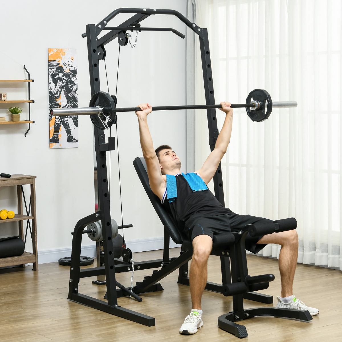 SPORTNOW Smith Machine Power Rack with Pull Up Bar & Lat Pull Down System, Adjustable Bench